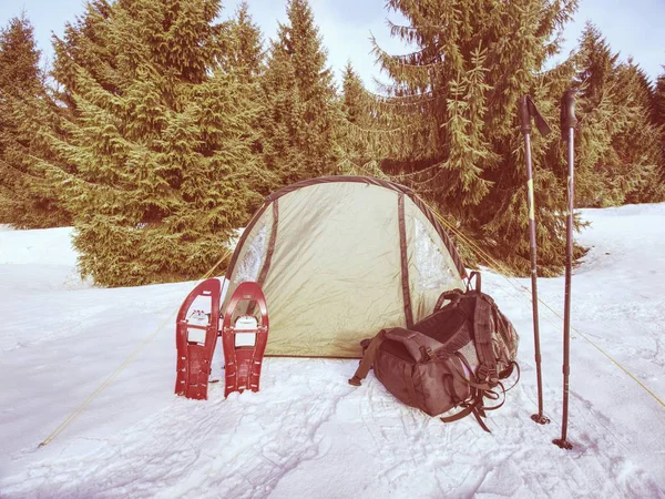 Tienda Trekking Construida Contra Paisaje Nevado Senderismo Esquialpinismo Invierno Sobre — Foto de Stock