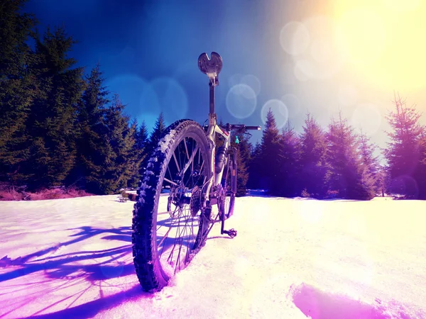 Foto Ampla Vista Bicicleta Montanha Neve Profunda Viagem Inverno Nas — Fotografia de Stock