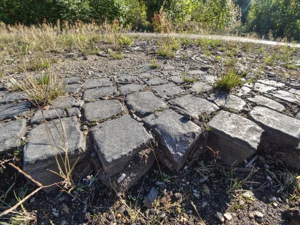 Ruined Old Cobble Stone Way Paving Stones Road Crawl Destroyed — Stock Photo, Image