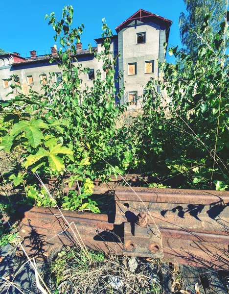 Alte Verlassene Schiene Und Schraube Einer Eisenbahn Rostiges Eisenbahndetail Geölte — Stockfoto