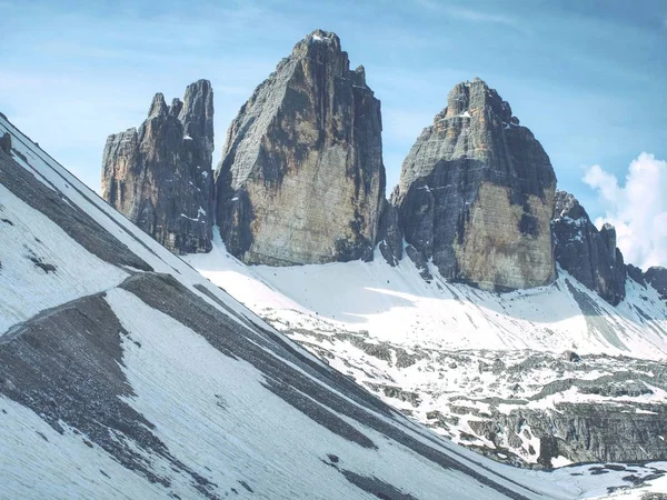 Karlı Manzara Yukarıda Bahar Trek Tre Cime Çevresinde Güneşli Nisan — Stok fotoğraf