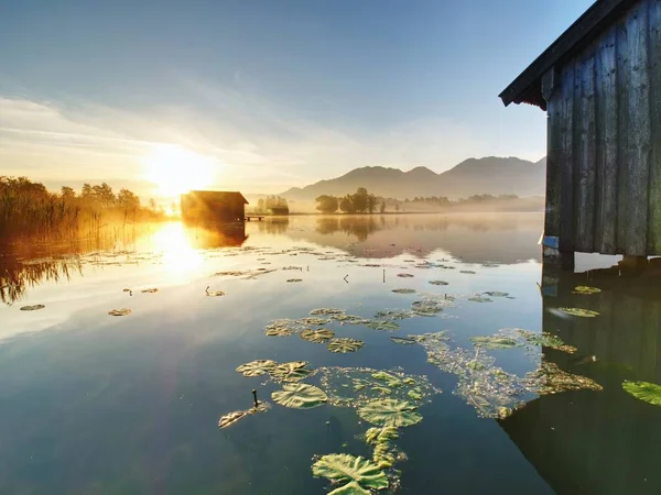 Traditional Wooden Boats Old House Alpine Mountain Lake — Stock Photo, Image