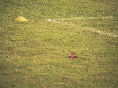 Sonbahar sahada bırakır. Futbol sahası sonbahar hava sembolü. Bir Sonbaharın sarı yaprakları
