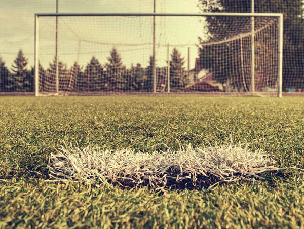在足球场上 进球足球场 足球网背景在绿草或足球场 — 图库照片