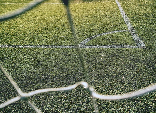 Fußballplatz Oder Fußballplatz Eckfussballlinien Weißer Streifen Auf Dem Grünen Fußballfeld — Stockfoto