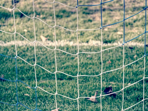 Fußball Oder Eckbälle Durch Sicherheitsnetz Blick Hinter Das Tribünennetz Mit — Stockfoto