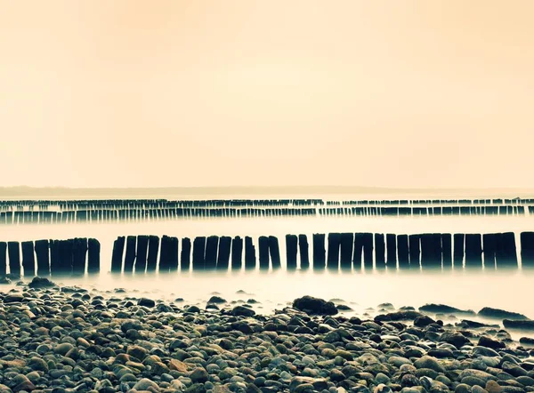 Wave Breakers at a beach.  Old wooden breakwaters protect erosion of the Baltic coast beach