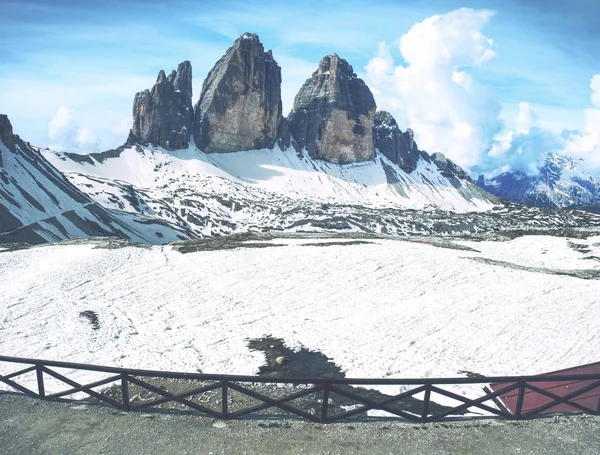 Magnifik Utsikt Från Terrassen Till Symbol För Dolomit Alperna Tre — Stockfoto