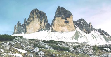 Alp Tre Cime di Lavaredo Masifi muhteşem manzarası. Konumu Milli Parkı, Dolomiti South Tyrol, İtalya, Europe.