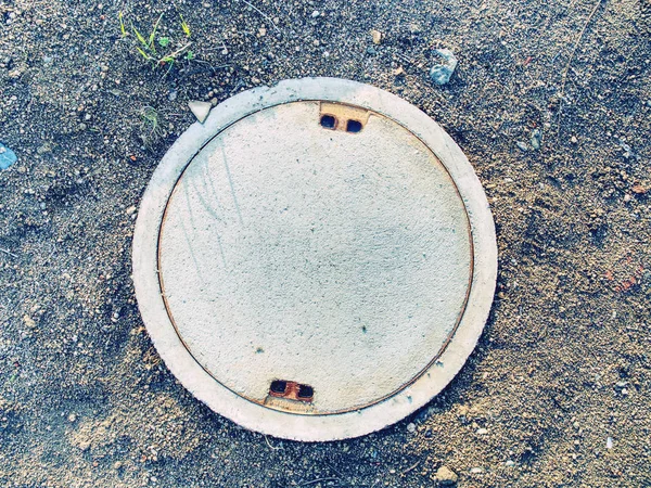 Closed Manhole Hole Concrete Cover Old Sewer Well Concrete Hatch — Stock Photo, Image