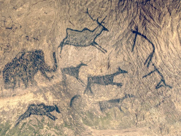 Primitive art painted on rock in sandstone cave. Picture of deer and mammut hunting.
