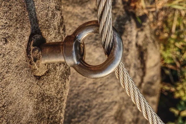 Climbing Anchor Carabiner Attached Cliff Rock Difficult Path Climbing Ferrata — Stock Photo, Image