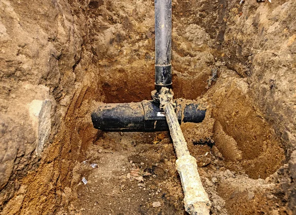 Instalación Tuberías Agua Potable Distrito Con Válvula Control Una Zanja —  Fotos de Stock