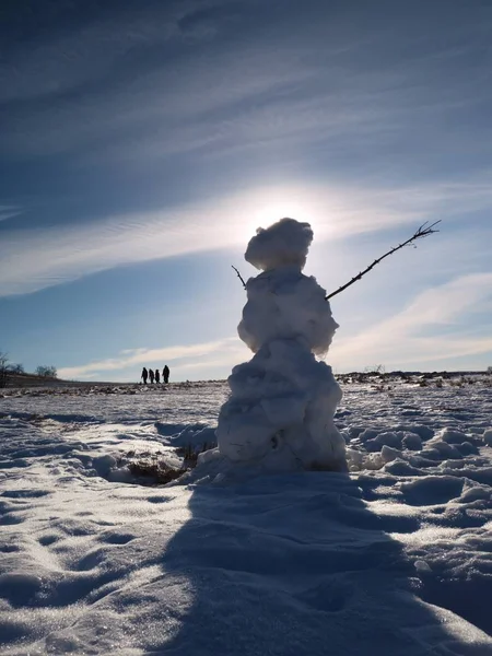 真正冰冷的雪人站在冬日的风景中 温泉的阳光和一些人走在地平线上 — 图库照片
