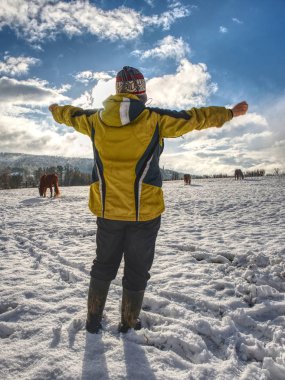Çiftçi kadın Not karlı arazide atlar için.
