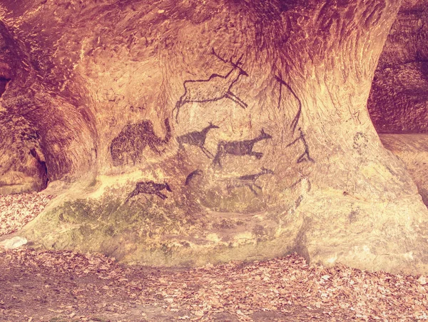 Ručně kreslené jeskynní kresby na pískovcové zdi. — Stock fotografie