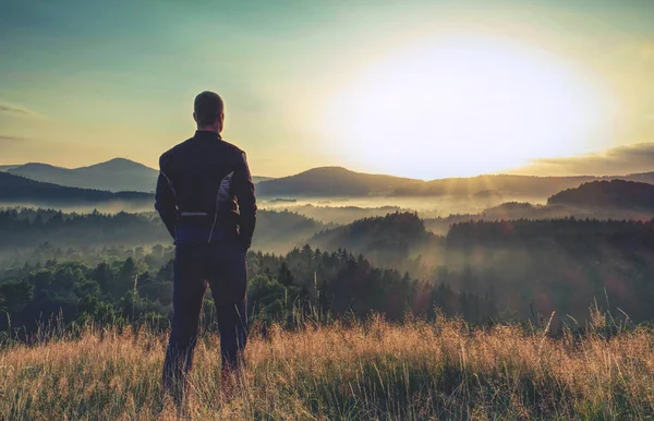 Hiker stands and enjoys valley view from hill — Stock Photo, Image