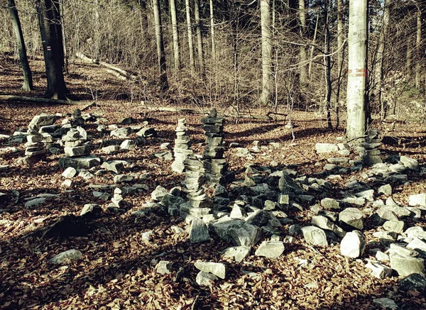 Sharp stones stacked in fall Forest . Autumn morning — Stock Photo, Image