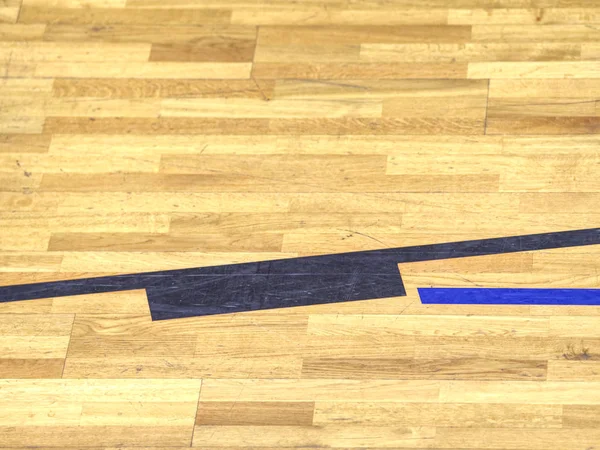 Black lines in play court on wooden lamino floor. Worn out — Stock Photo, Image