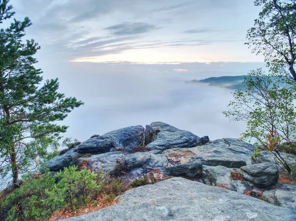 Fantástico paisaje montañoso, surrealista niebla rosa y púrpura — Foto de Stock