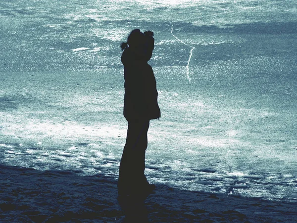 Крижана пустеля замерзлого озера. Ніка жінка дивиться в бік горизонту . — стокове фото