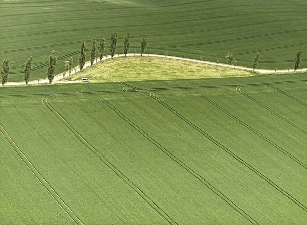 Luftaufnahme eines Feldes mit Traktorstreifen und landwirtschaftlichem Weg — Stockfoto