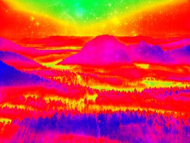 Infrared scan of hilly landscape pine forest with colorful fog  clipart