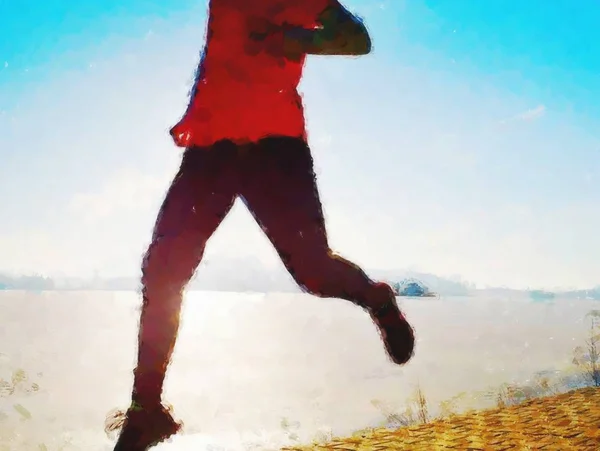 Paint. Athlete runner running on beach at lake — Stock Photo, Image