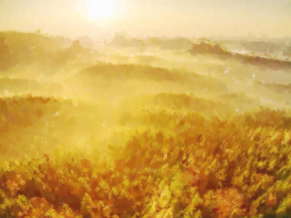 Verf. Berglandschap. Bossen vallei met dikke kleurrijke mist — Stockfoto