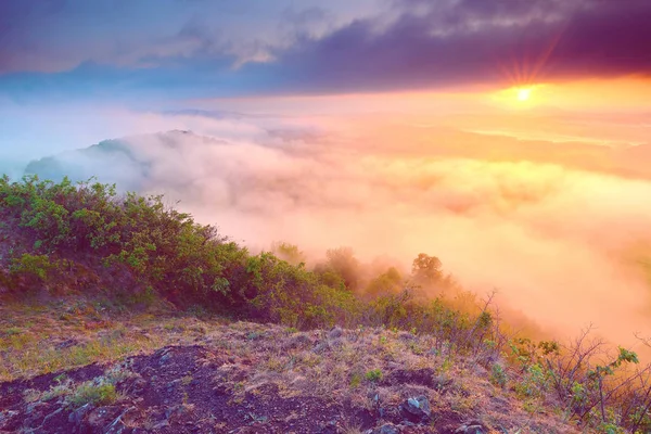 Vista sobre el pico agudo de formación de basalto en el valle brumoso — Foto de Stock