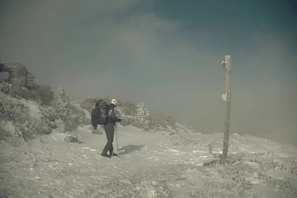 Sırt çantası ve kar ayakkabıları ile Yürüyüşçü karlı dağda wak — Stok fotoğraf