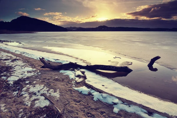 Ramo partido preso no gelo no lago congelado. Lagoa na floresta nevada, de perto. Bolhas congeladas nad rachaduras na cobertura de gelo grosso — Fotografia de Stock