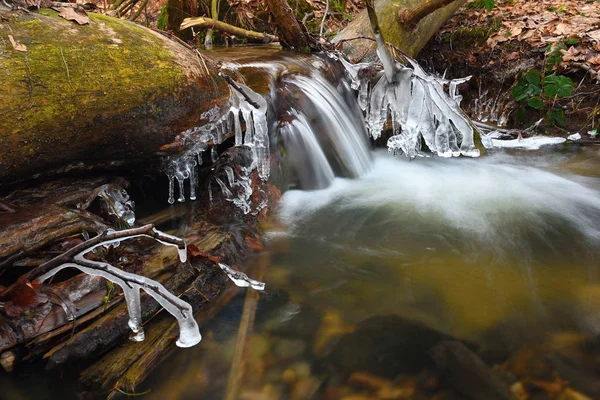 Eiszapfen hängen an Zweigen und eisiger Rinde über dem Chilifluss. — Stockfoto