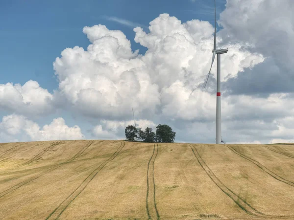 Velké větrné mlýny za slunečného dne na zeleném poli. Energie zdarma — Stock fotografie