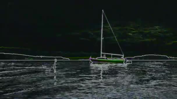 五颜六色的粉笔小摇摆帆船在海洋涂鸦与天鹅游来游去 黑板上的插图素描船 — 图库视频影像