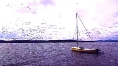 Etrafında yüzen kuğu ile okyanus doodle renkli küçük sallanan yelkenli. Siyah tahta üzerinde çizim tekne.