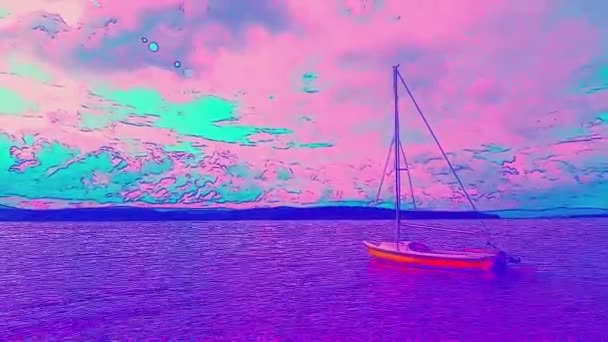 水彩画のスタイルで曇った空と地平線の背景に港で絵のように休日の帆船 — ストック動画