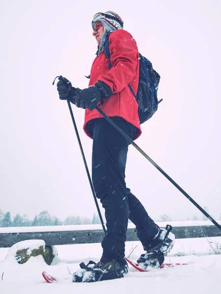 Caminante de nieve sola o esquí de fondo mujer deportiva y nubes grises i — Foto de Stock