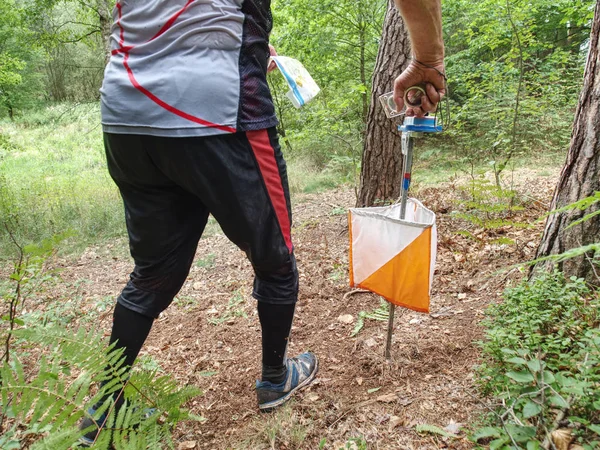 Comprobación del puesto de control. Participantes deportistas de carrera de orientación — Foto de Stock