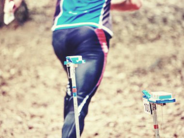 Koşucu ormanda gizlenmiş bir kontrol noktası buldu. Orienteering spor.