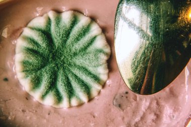 Tahta masada küflü yoğurt kasesi, paslanmaz kürek.