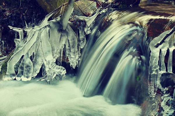 Les glaçons pendent sur les brindilles et l'écorce glacée au-dessus du piment ruisseau rapide . — Photo