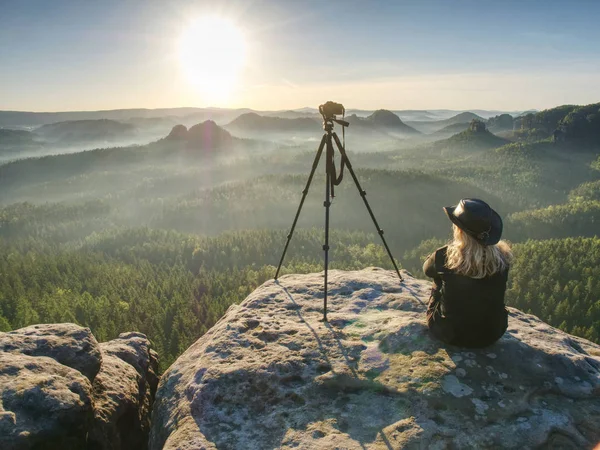 Woman Hiker Leather Hat Conquer Highest Peak Woman Hiker Traveling — Stock Photo, Image