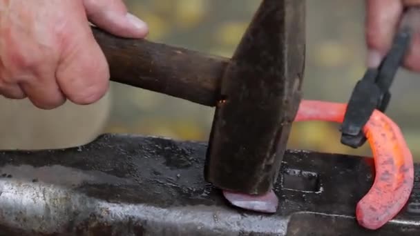 ブラックスミスアームの詳細は アンビル上のハンマーで馬蹄形を偽造します 古代の工芸品村の工芸品鍛冶屋作業冶金 — ストック動画