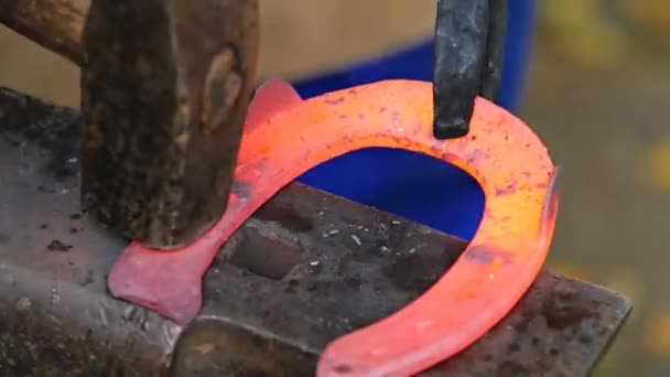 農場の鍛冶屋 ブラックスミスは アンビル上のそりハンマーで金属を処理します — ストック動画