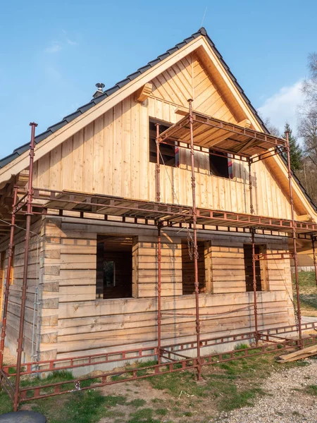 Ecological Cfamily House Onstruction Lining House Spruce Boards Heat Insulation — Stock Photo, Image