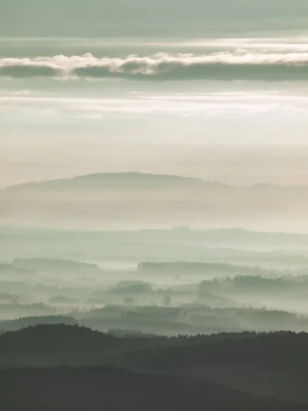 Otoño Azul Niebla Cubrir Paisaje Antes Sol Aparecer Colorido Bosque — Foto de Stock
