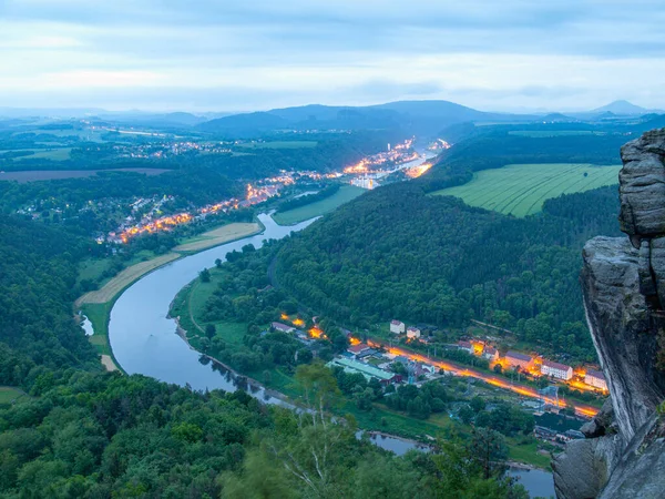 Night View Bad Schandau Koenigstein Curve Elbe River — Stock Photo, Image