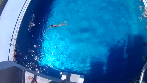 Vue Première Personne Homme Sautant Plongeoir Piscine Nageur Plonger Dans — Video