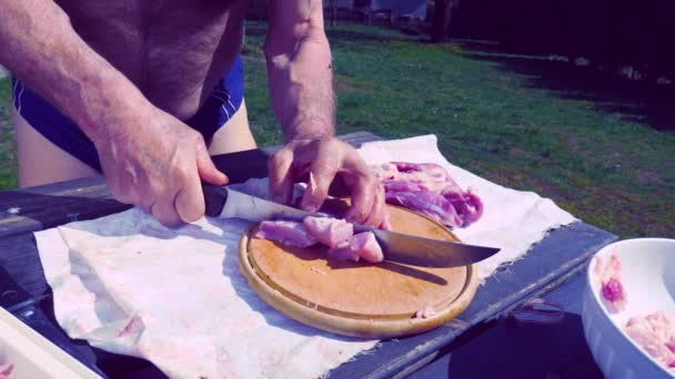 Old Man Butcher Blue Swimming Pants Holding Knife One Hand — Stock Video